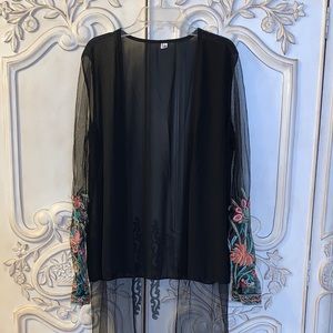 Long sheer black cardigan with beautiful embroidery. L